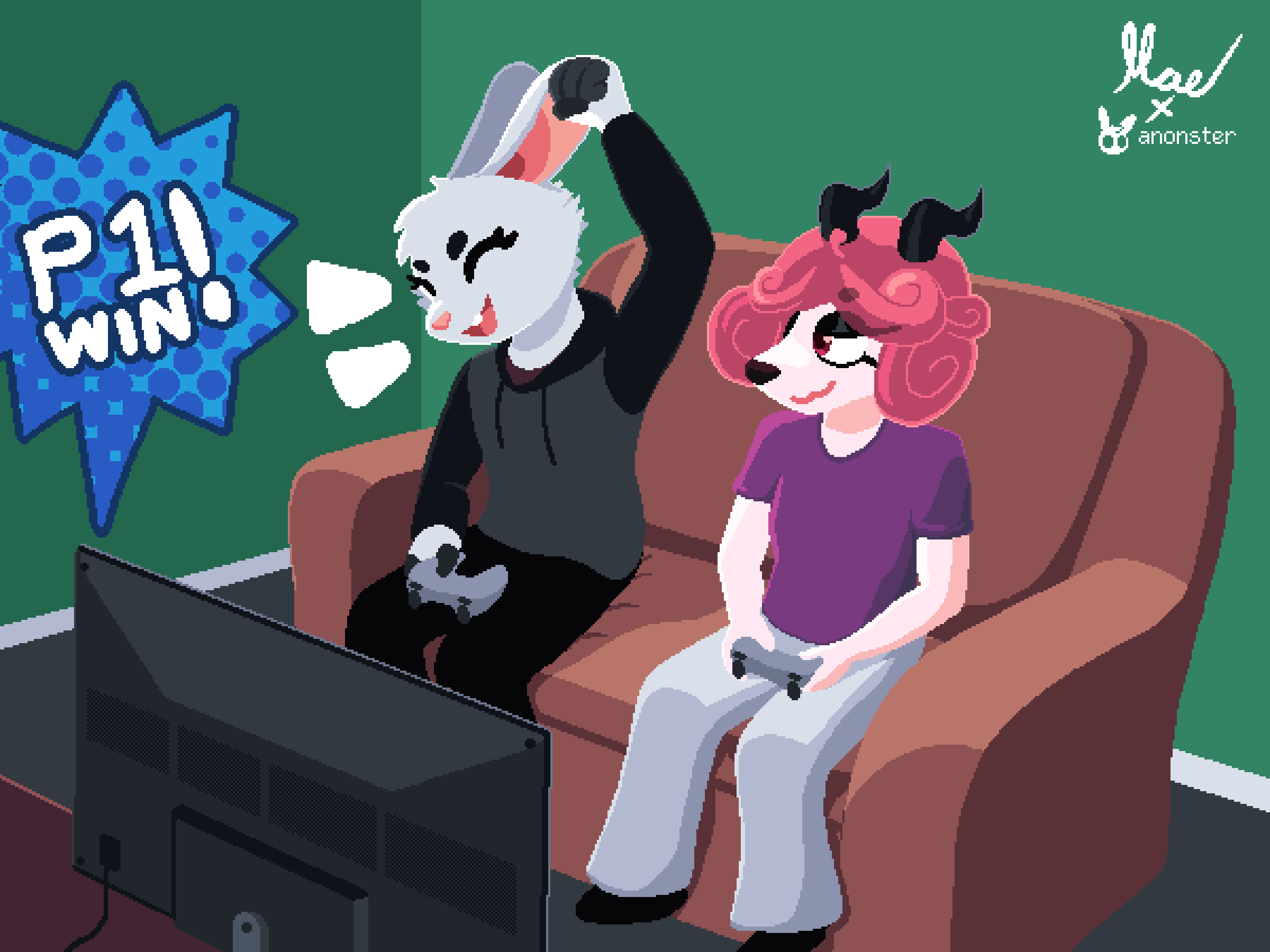 Lucas and Mae playing video games - pixel art by anonster